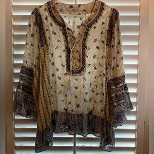 John Mark Blue & Gold BoHo Top, Size XL